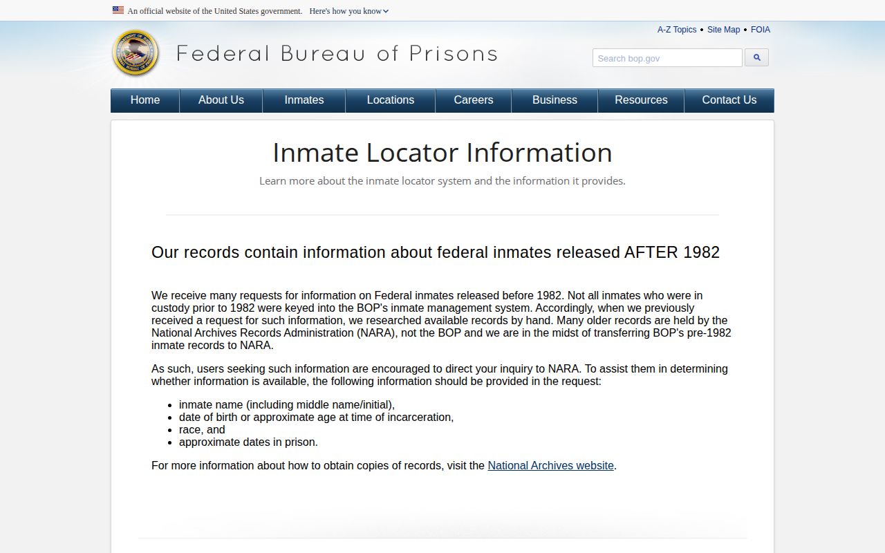 Federal released inmate records after 1982 for Covington County federal path