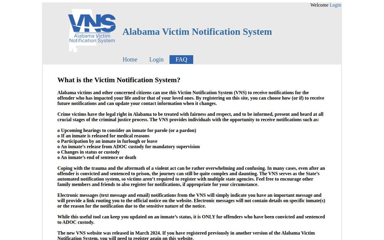 Covington County VINELink release check Alabama VNS FAQ